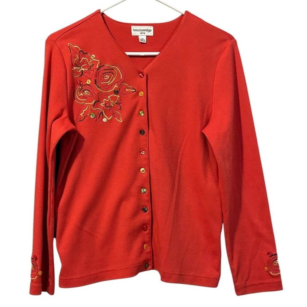 Breckenridge‎ Orange Cardigan Sweater Embroidered Button Up Size PS Cotton/Poly